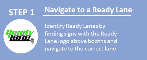 STEP 1 Navigate to a Ready Lane.  Identify Ready Lanes by finding signs with the Ready Lane logo above booths and navigate to the correct lane.